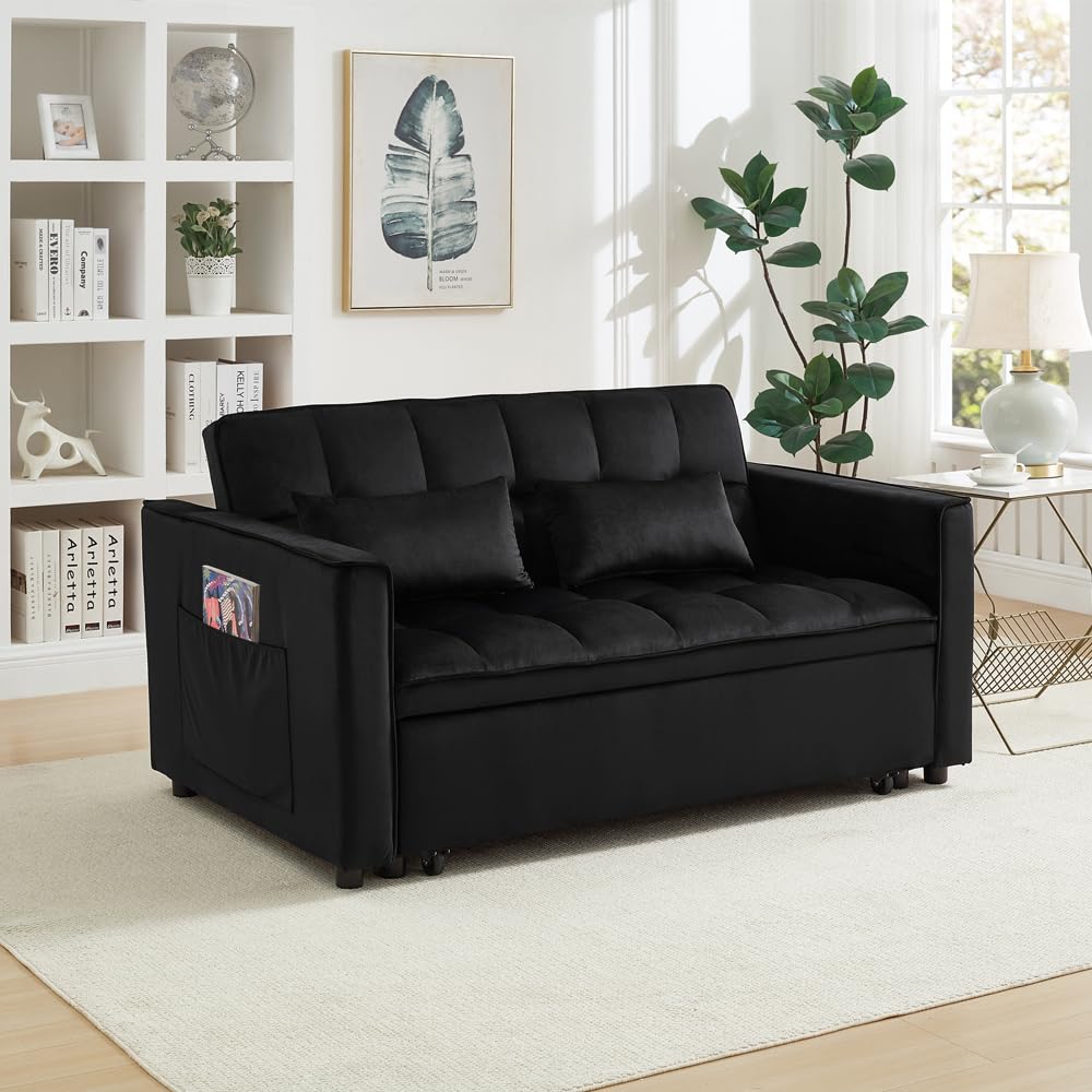 SUNPOKUILN Convertible Loveseat Sleeper Sofa Bed for Small Spaces, 3-in-1 Pull-Out Couch with Modern Design (Black) SUNPOKUILN