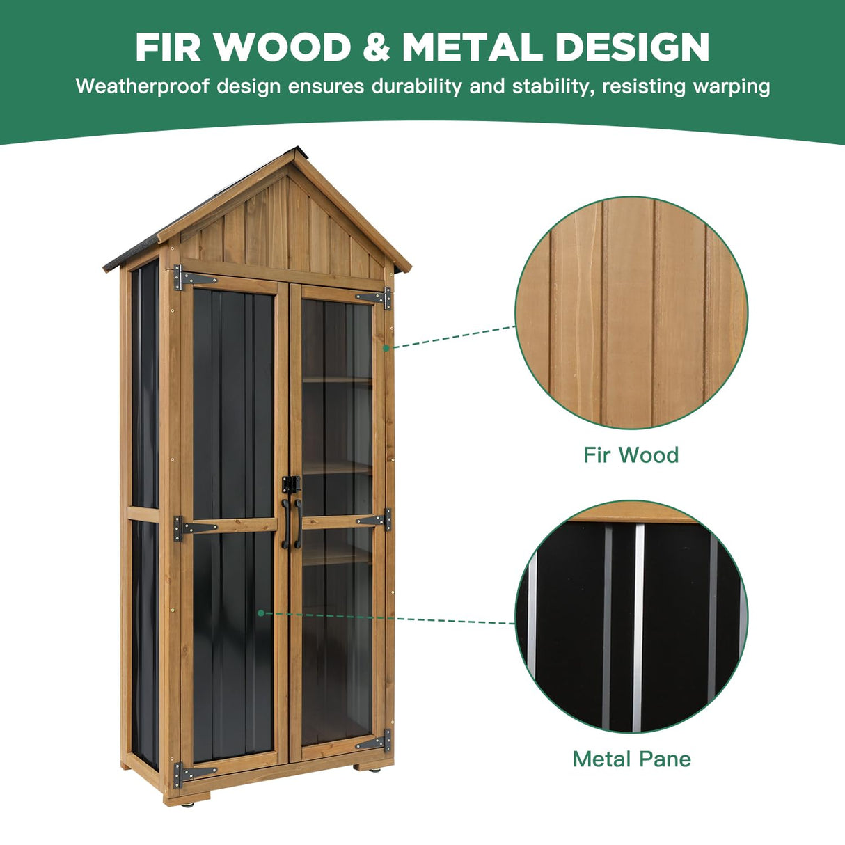 Ketive Outdoor Storage Cabinet – Weatherproof Wood & Metal Storage Shed with Adjustable Shelf, Lockable Doors, and Stability Features for Garden, Patio, and Backyard, 27 1/2”x 13”x 67” (Brown+Black) ketive