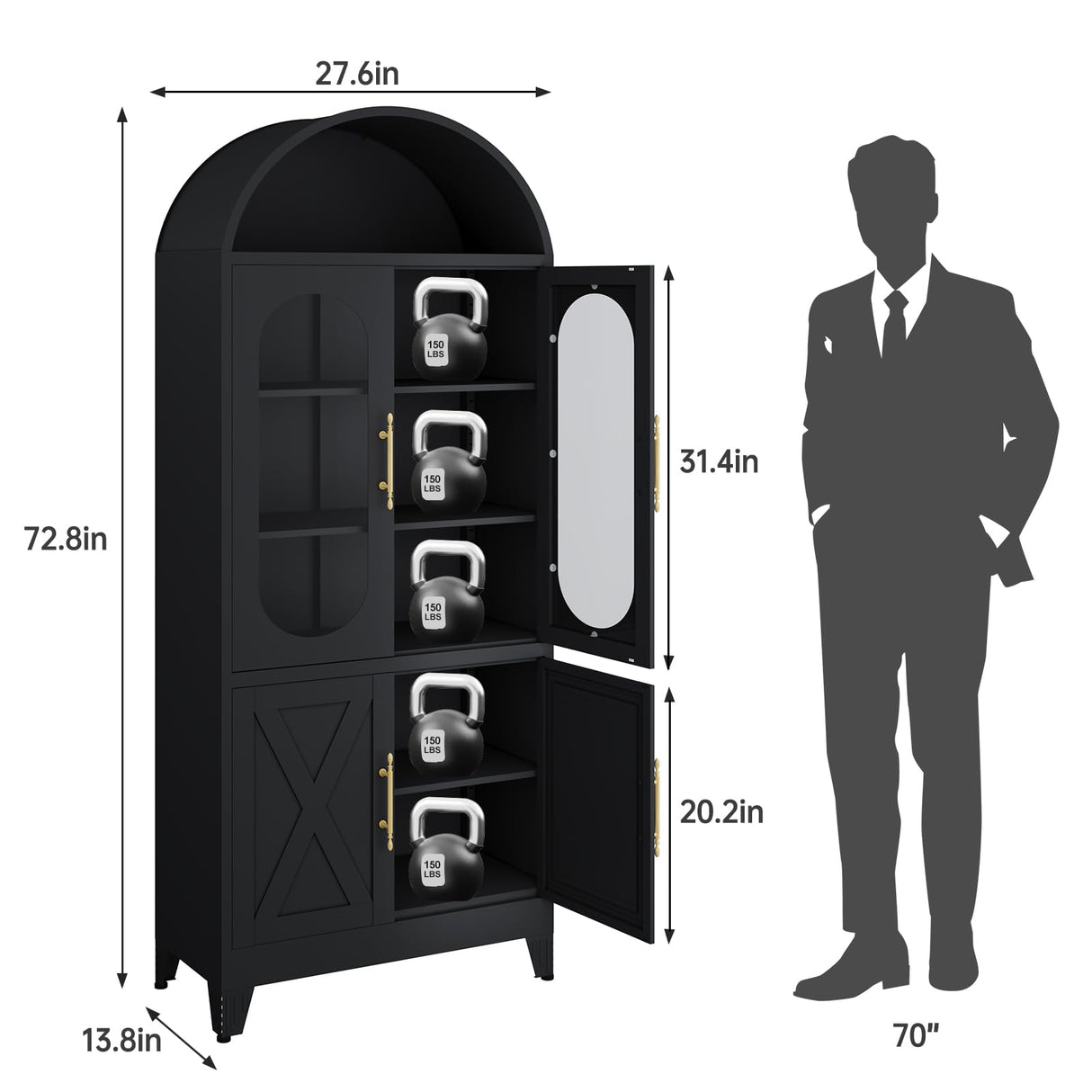 RISTERN 73" Tall Arched Kitchen Pantry Cabinet, Modern Metal Farmhouse Storage Cabinets, Steel Cabinet with Glass Doors and Adjustable Shelves, Living Room, Dining Room and Office, Black RISTERN