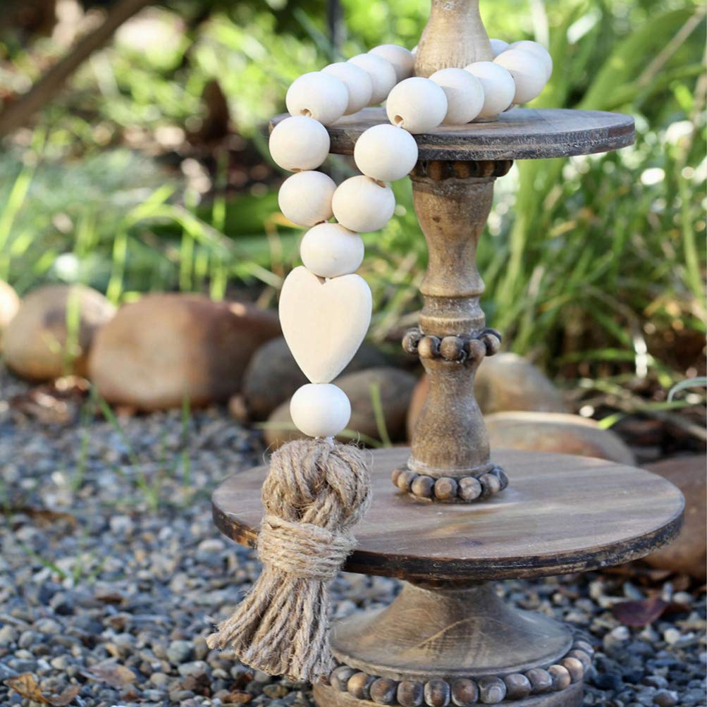 Garneck Wooden Bead Wreath Tassels - 2 Pcs Rustic Farmhouse Wooden Bead Ring with Wood Heart Pendant Tassels - Hanging Wooden Bead String for Home Garden Statue, Cross Prayer Decor Garneck