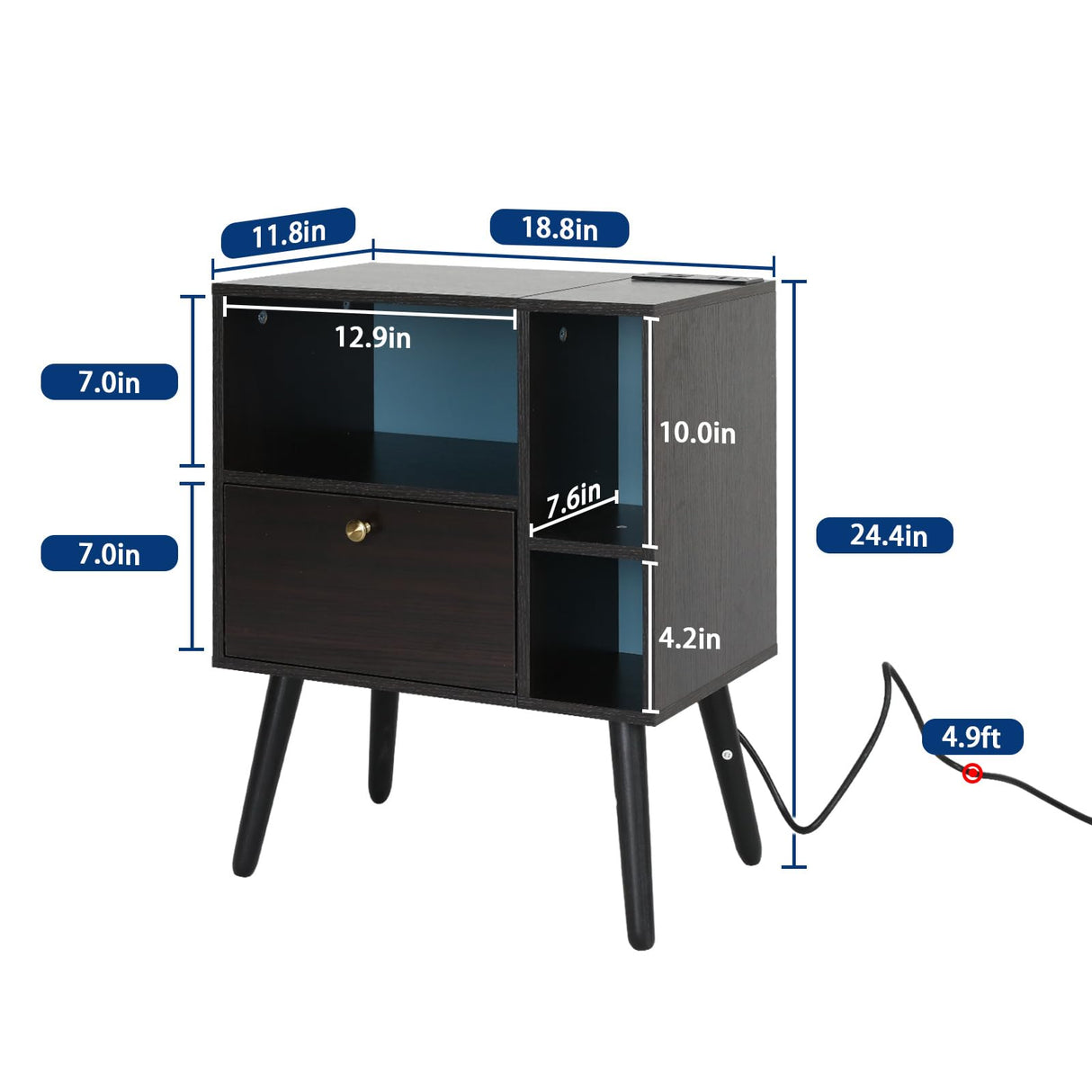 VIWODS Nightstand with Charging Station and LED Lights, Bedside Table with Solid Wood Legs for Bedroom, Black Oak and Blue VIWODS