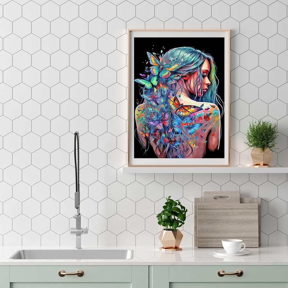 Stalente Diamond Painting Kits for Adults, 5D DIY Diamond Art Kits for Beginners Round Full Drill Diamond Painting for Home Wall Decoration Gift 12×16inch, Butterfly Lady Stalente