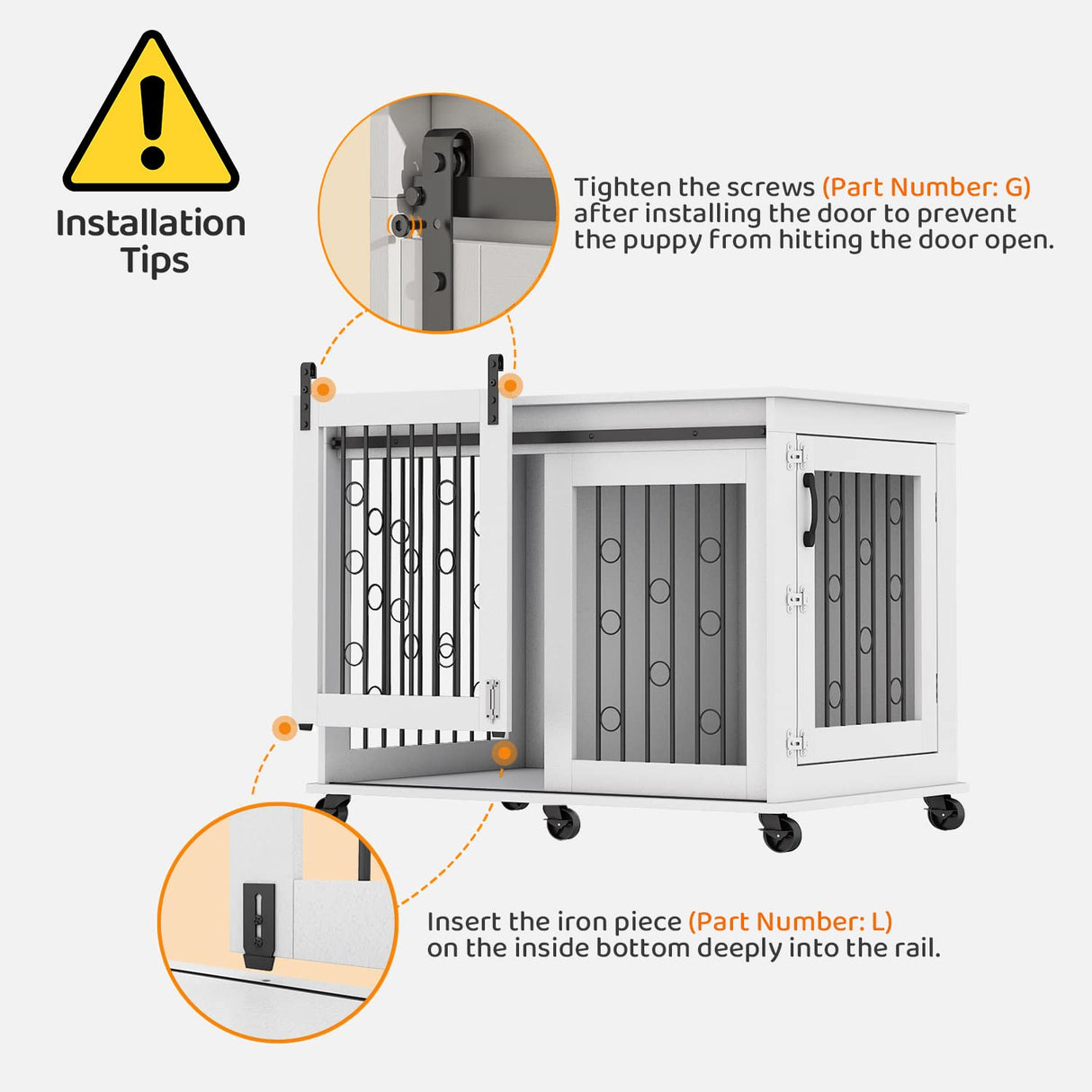 IchbinGo Large Dog Crate Furniture with Sliding Barn Door, 43.7" Wooden Dog Kennel End Table with Wheels and Flip-top Plate Dog House with Detachable Divider for Small/Medium/Large Dog (White) IchbinGo