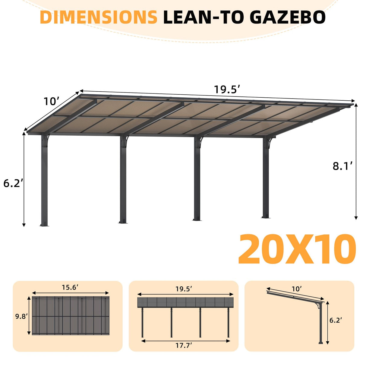AECOJOY 20' x 10' Outdoo Gazebo for Patio, Large 10x20 Pergola Carport, Freestanding Lean to Hard Top Gazebo Shelter Pergolas and Gazebos Clearance with Roof, Wall-Mounted Heavy Duty Awnings for Patio AECOJOY