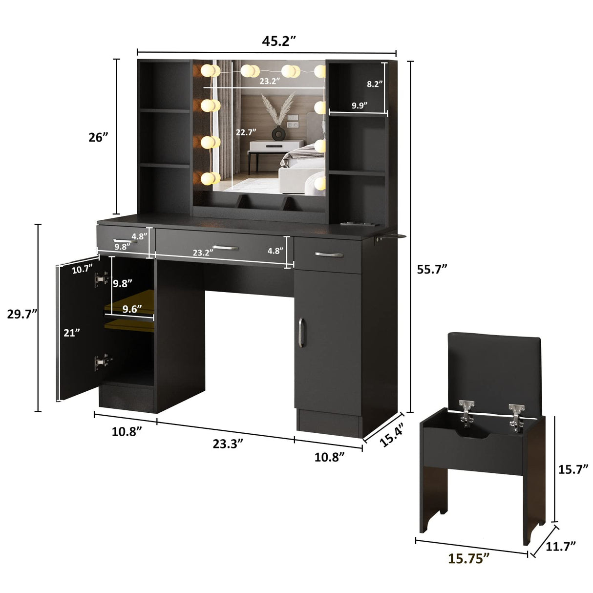 Vabches Makeup Vanity Table with Lighted Mirror & Power Strip, Large Vanity Set Vanity Desk with Lots Storage, 3 Lighting Modes, Brightness Adjustable, 45.2in(Large, Black) Vabches