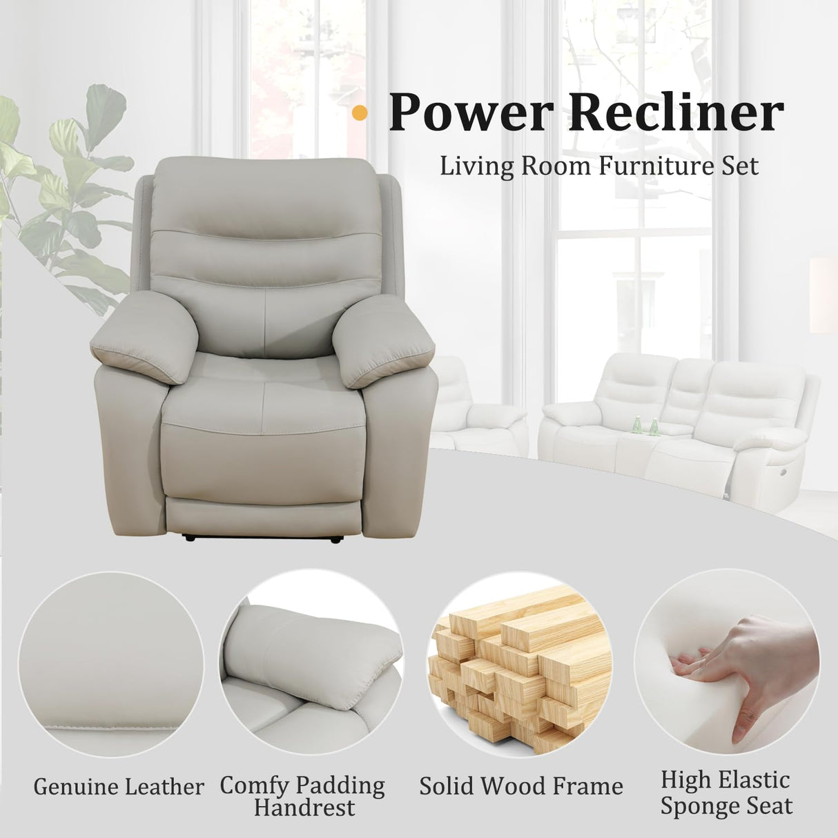GEBADOL Power Reclining Sofa Set, Genuine Leather Recliner Sofa and Loveseat Set, 2 Pieces Top Grain Leather Sofa with Built in USB Port for Living Room (Light Grey) GEBADOL