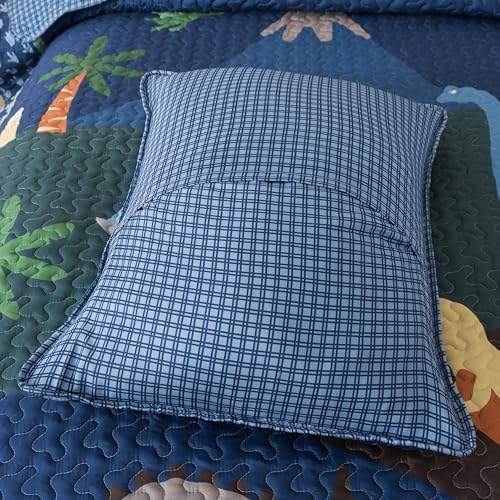 Soul & Lane Dinosaur Quilt Set – Twin and 1 Sham, Kids Dinosaur Bedding for Boys, Toddler Twin Comforter and Dino Bedspread, Reversible T-Rex Bedding with Blue Check Pattern, Dino Delight Soul & Lane