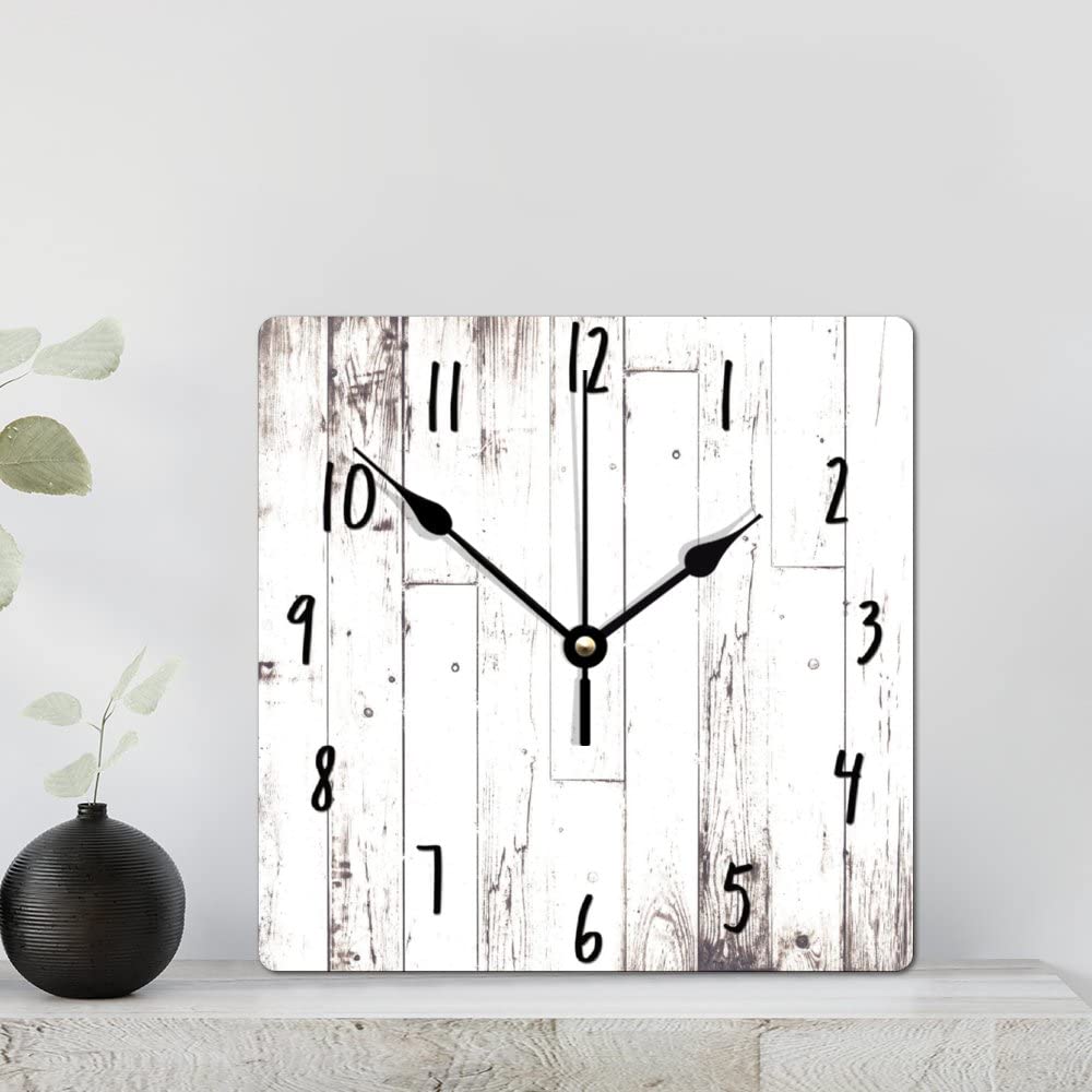 ArogGeld Shabby Chic White Wood Wall Clock Rustic Farmhouse Barn Square Wood Clock 10 Inch Silent Non-Ticking Wooden Wall Clocks Battery Operated Living Room Bedroom Kitchen Farmhouse Decor Birthday ArogGeld