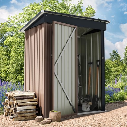 Greesum Outdoor Storage Shed 5 x 3 ft. Utility Tool Shed Metal Storage Garden Shed with Door & Lock for Patio Storage, Brown Greesum