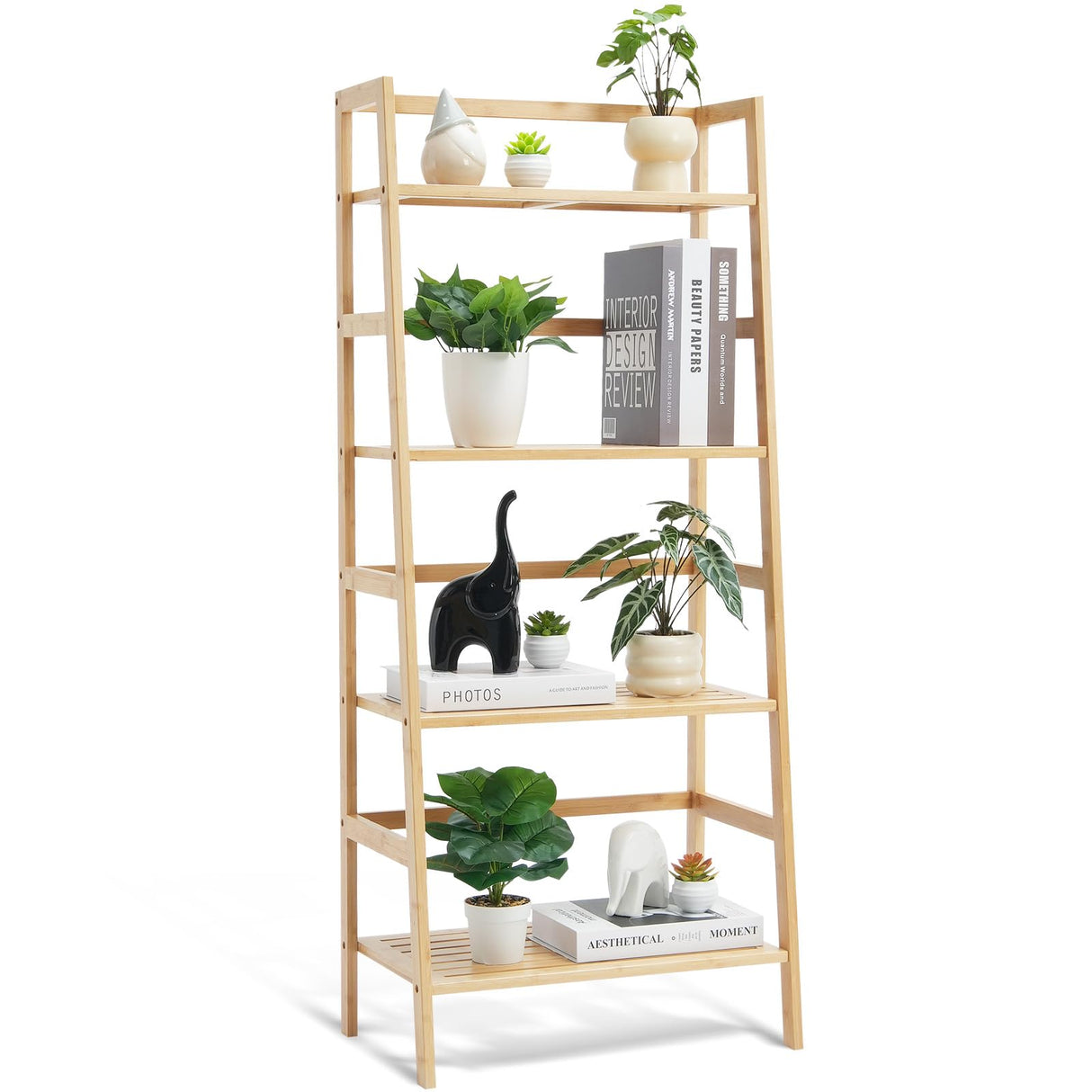 VEVOR 4-Tier Bamboo Ladder Shelf, Trapezoid Open Bookcase, Display Storage Rack Organizer, Freestanding Flower Plant Stand, Ladder Bookshelf Ideal for Bathroom, Bedroom, Office, Study, Natural VEVOR