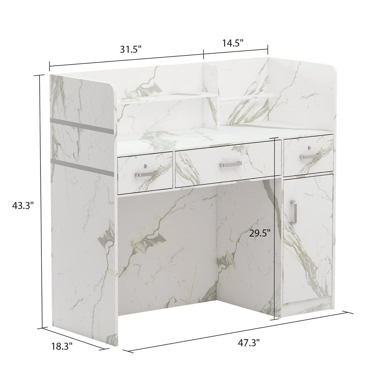 Homsee Modern Reception Desk with 3 Drawers, 1 Door Storage Cabinet & Hutch Shelf, Office Wooden Computer Desk, Writing Study Table PC Laptop Desk, White Marble (47.3" L x 18.3" W x 43.3" H) Homsee