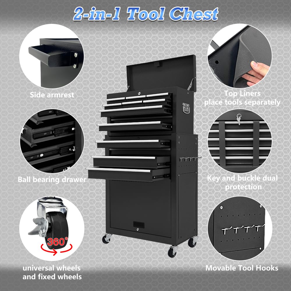 Kirmosal 13 Drawer Tool Chest,Toolbox with Wheels, Rolling Tool Cabinets with Drawers, Top Detachable Tool Chest with Hooks Handles for Workshop Mechanical Garage - Black Kirmosal
