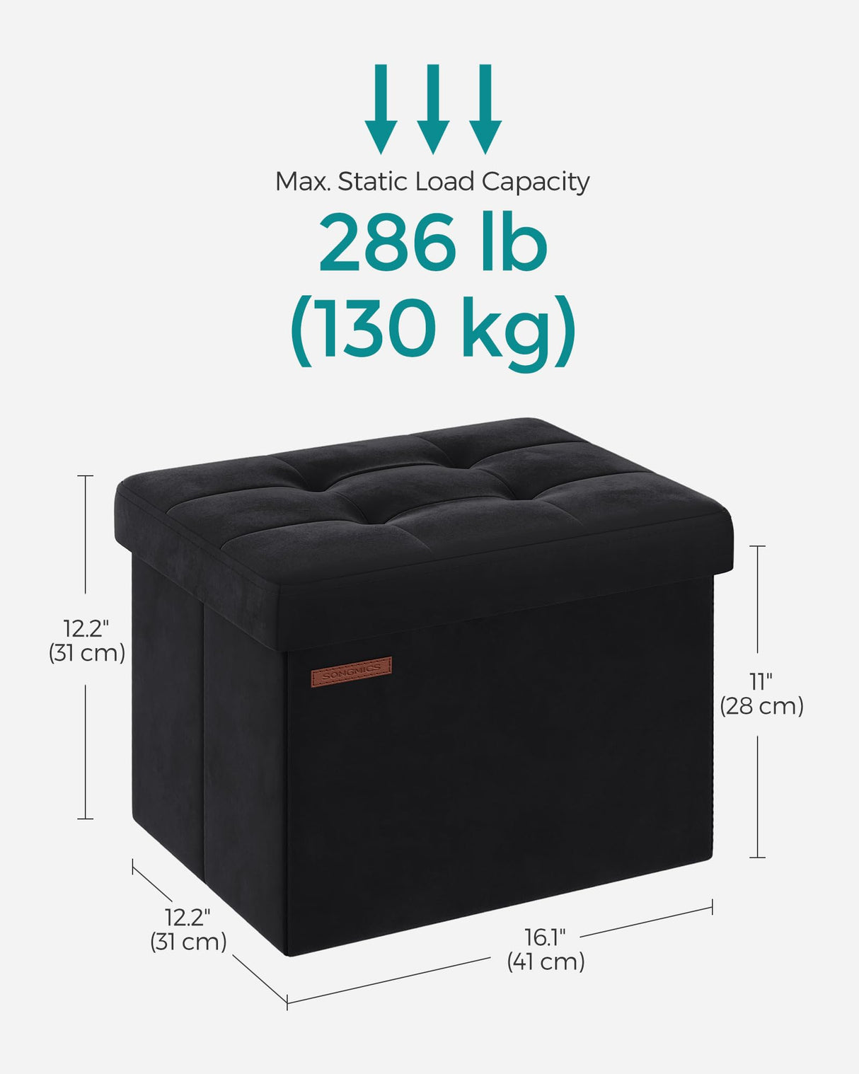 SONGMICS Storage Ottoman, Foldable Small Ottoman Foot Rest, 12.2 x 16.1 Inches Foot Stool, Load up to 286 lb, for Living Room, Bedroom, Dorm, Ink Black ULSF200B01 SONGMICS