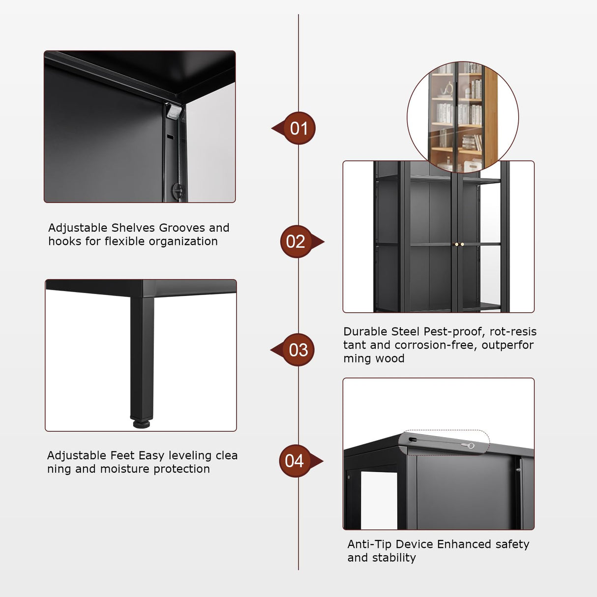 Kubohogar Display Cabinet with Glass Doors, 66" Curio Cabinet with 3 Color Lights, 4 Tier Display Case for Collectibles, Black Metal Cabinets for Living Room Office Kubohogar