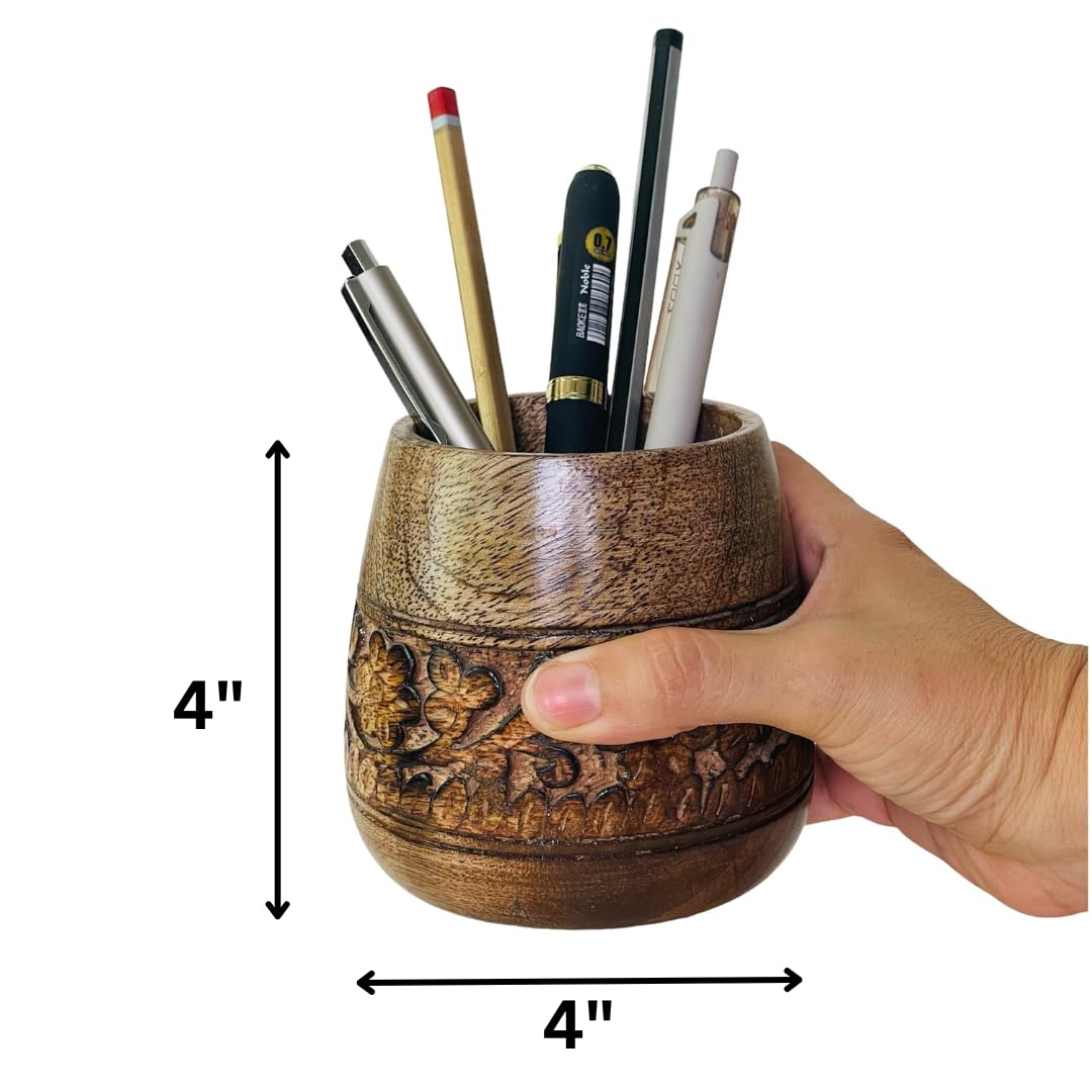 Mie Creations Designer Pencil Holder for Desk Wood | Wooden Pen Stand, Paintbrush Cup, Desk Accessories, Cute Make Up Brush Organizers | Office Desktop Stationery, Mothers Day Gift for Mom- 4'' Brown Mie Creations