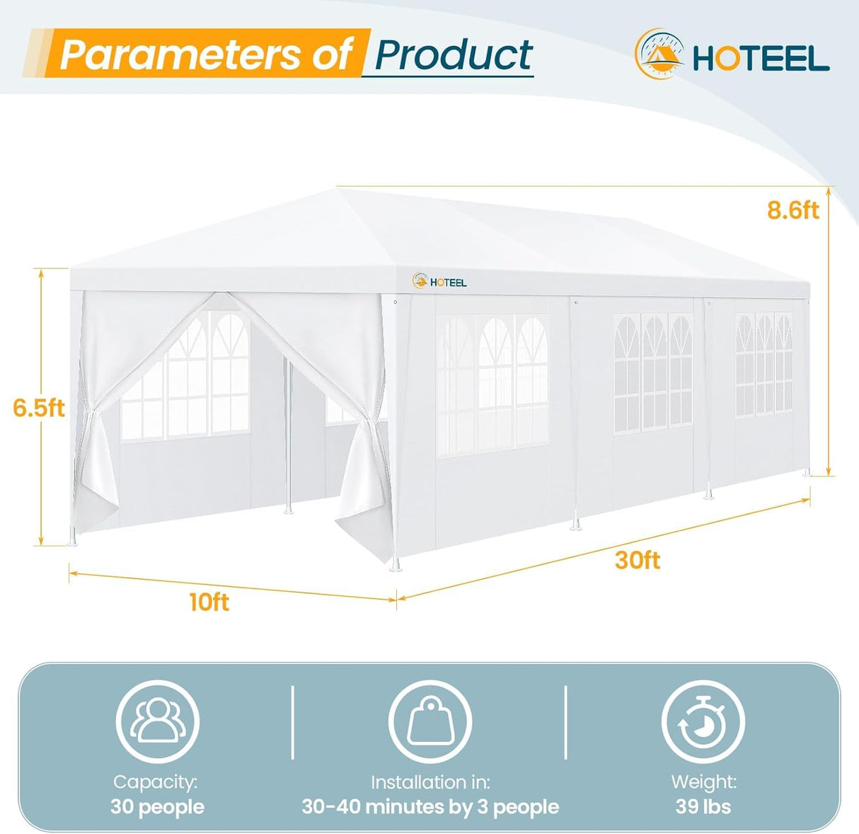 HOTEEL 10'x30' Canopy Party Tent with 6 Removable Sidewalls, Outdoor Event for Weddings, BBQ, Parties, Patio Camping Gazebo, Waterproof, White Hoteel