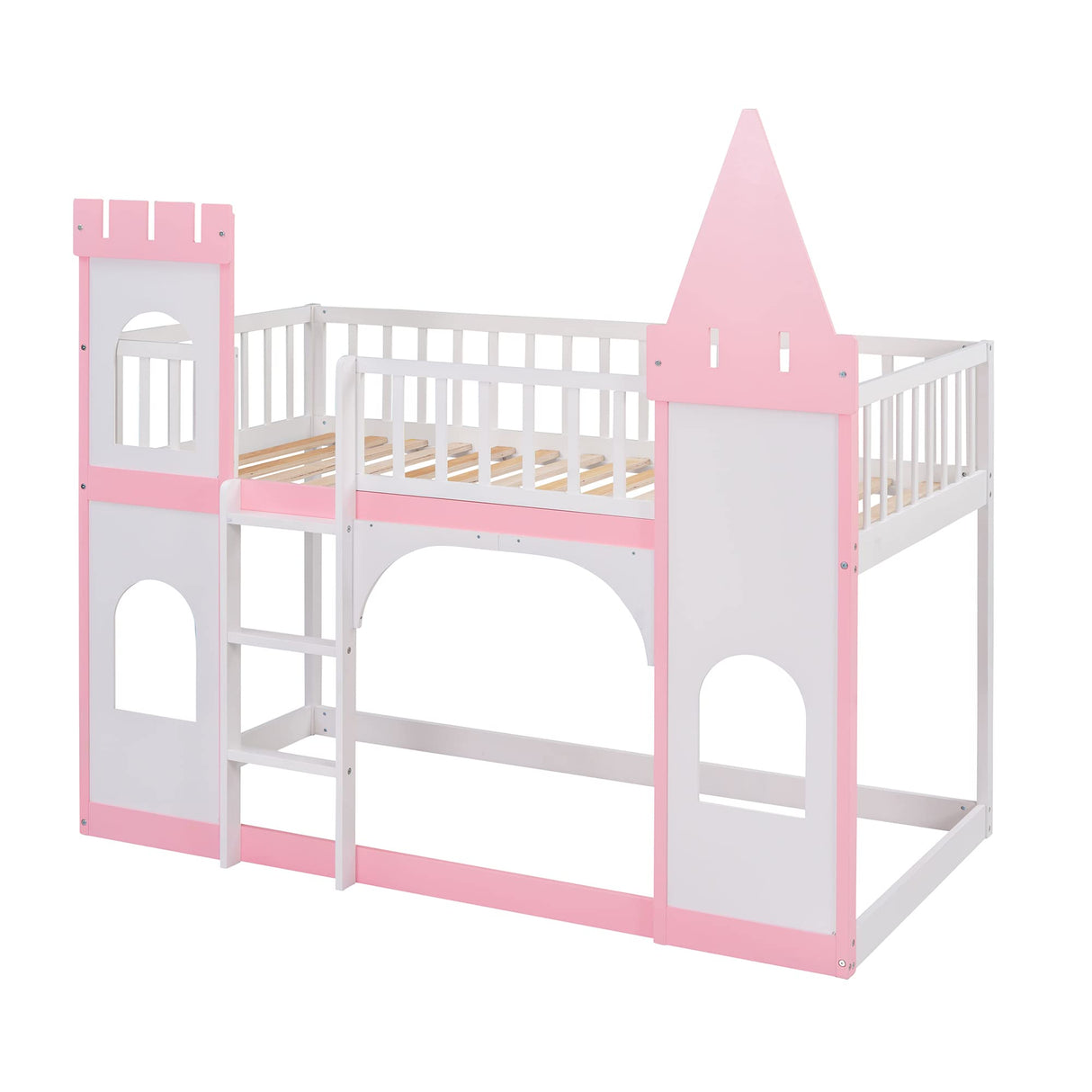 Harper & Bright Designs Twin Over Twin Kids Bunk Bed, Twin Loft Bed with Castle Shape Design, Wooden Floor Bunk Beds for Girls Boys Bedroom Dorm, Pink Harper & Bright Designs