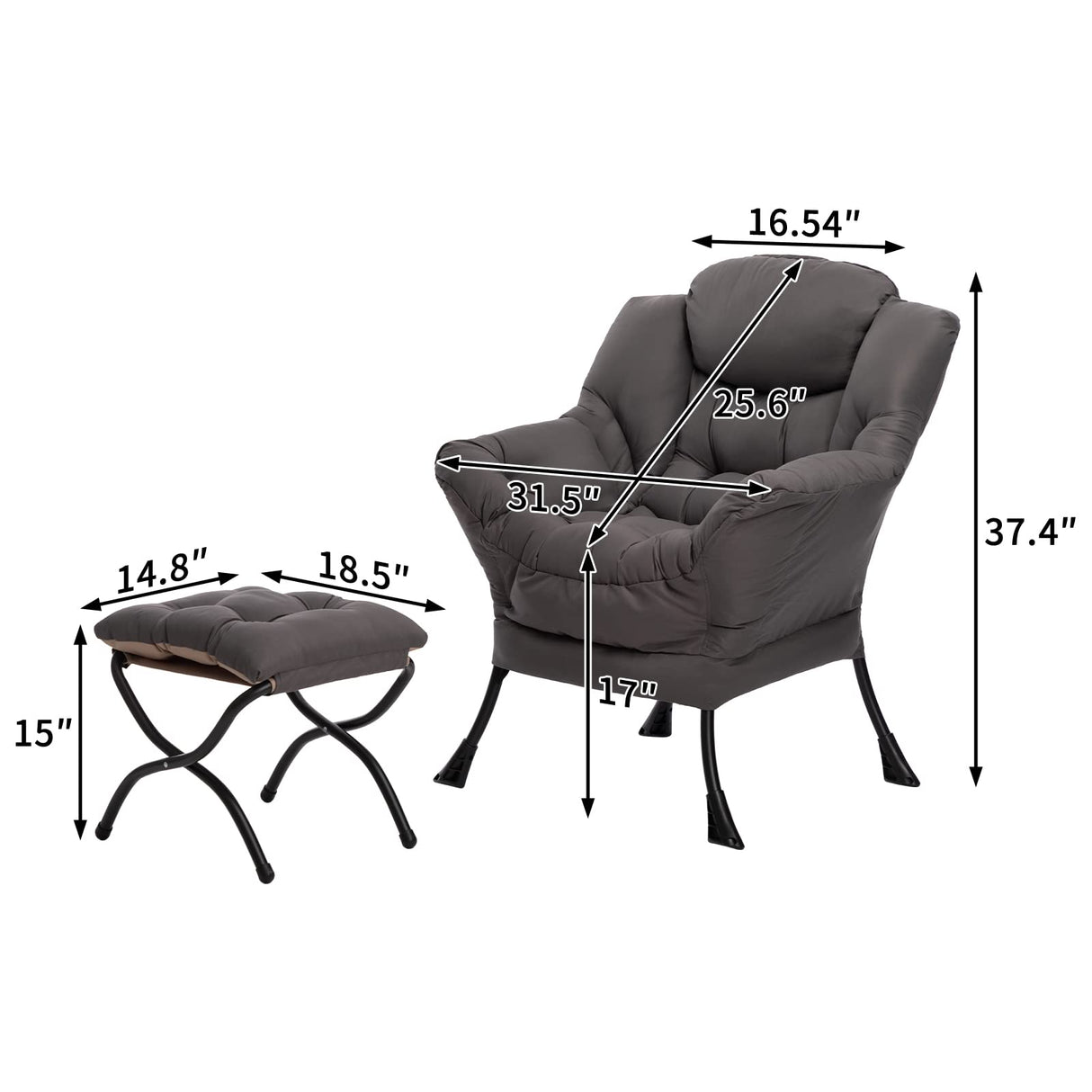 HollyHOME Fabric Lazy Chair with Foldable Ottoman, Accent Comfy Lounge Arm Chair and Folding Footrest Stool Set, Leisure Sofa Reading Chair and Footstool for Living Room, Bedroom, Dorm, Dark Grey HollyHOME