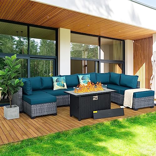 WAROOM Patio Furniture Set 9 Piece Gray Rattan Outdoor Sectional Sofa PE Wicker Couch Conversation sets with 45" Propane Fire Pit Table and Non-Slip 5" Thick Peacock Blue Cushion WAROOM