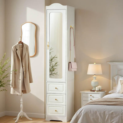 JanflyHome Armoire Wardrobe Closet, White Bedroom Armoires Cabinet with Mirror Door and 3 Drawers, 69.5" H Clothing Storage Cabinet with Hanging Rod & Sensor Light for Bedroom-Right