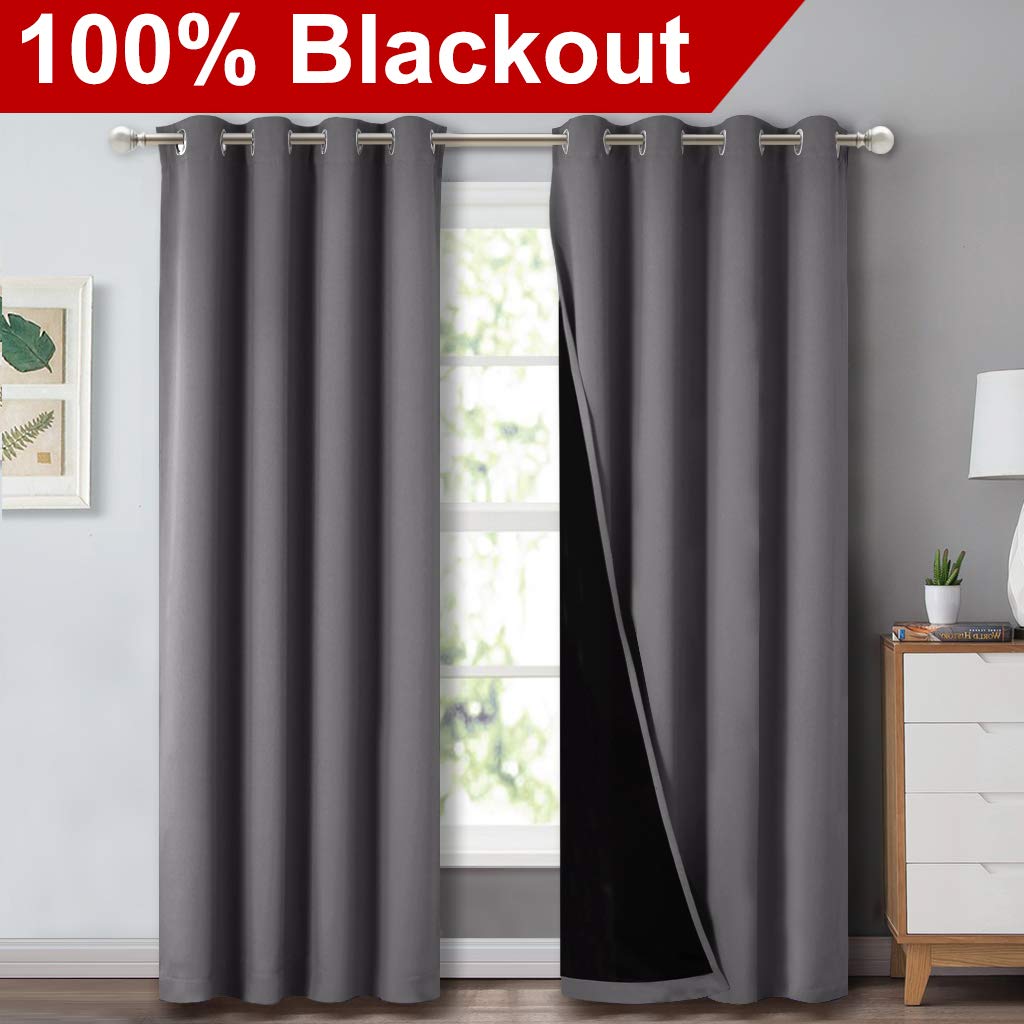 NICETOWN Grey Full Shade Curtain Panels, Pair of Energy Smart & Noise Blocking Out Blackout Drapes for Dining Room Window, Thermal Insulated Guest Room Lined Window Dressing(Gray, 52 x 84 inch) NICETOWN