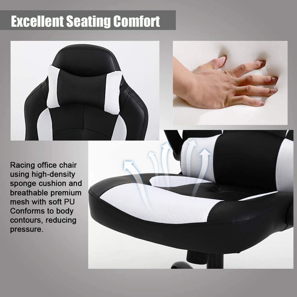 Gaming Chair Racing Style Office Chair High Back Desk Chair Executive PU Leather Rolling Task Swivel Computer Chair with Lumbar Support Headrest, White FDW