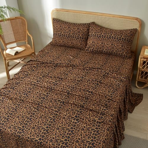 LifeTB Leopard Cheetah Printed King Sheets Set, Cooling Soft Microfiber Brown Leopard Bedding Sheets with 16" Deep Pocket, 4 Piece Vintage Animal Cheetah Pattern King Size Bed Sheets & Pillowcases LifeTB