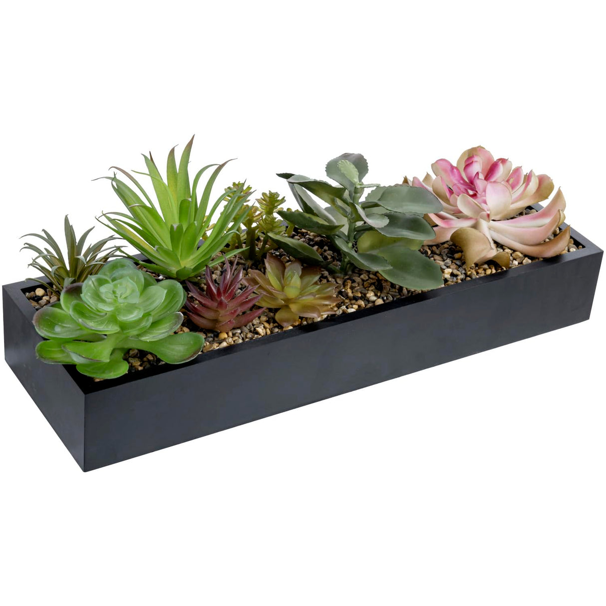 MyGift Artificial Assorted Succulent Arrangement in Rectangular Black Wood Planter Box, Fake Plant Decor MyGift
