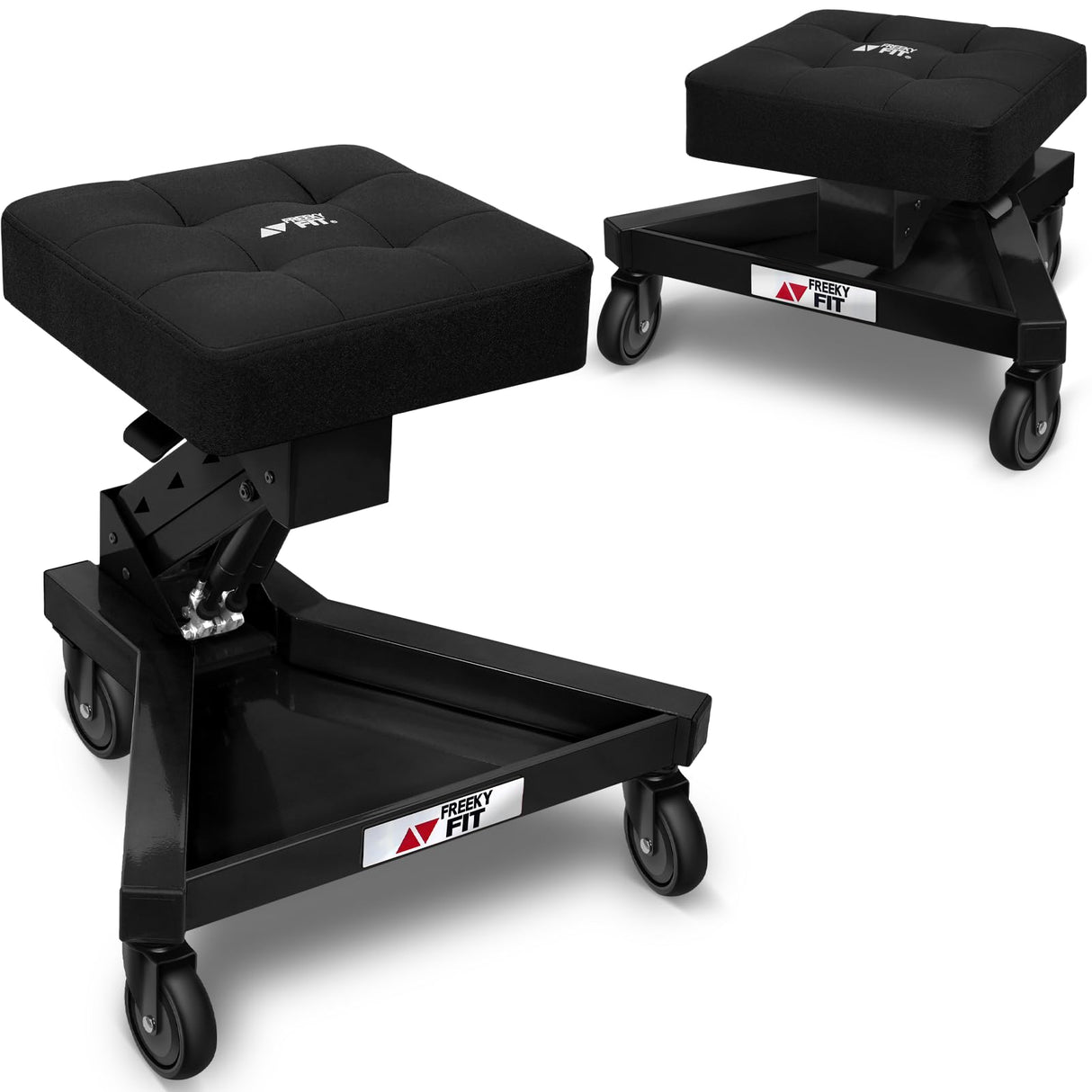 FreekyFit Mechanic Stool with Wheels, Hydraulic Adjustable Shop Stool on Wheels, Garage Work Rolling Stool Chair for Workshop, 400 LBS Capacity, 4 Inch Casters, 360° Swivel Padded Seat, Black FreekyFit