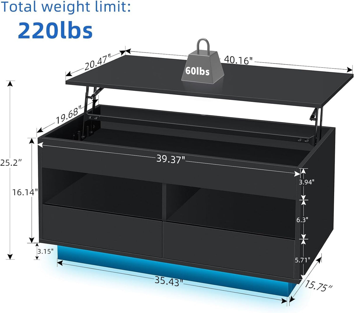 HOMMPA Lift Top Coffee Table with LED Light Morden Coffee Table with Storage Black Coffee Table for Living Room High Gloss Tea Table LED Center Tables Hidden Compartment & 2 Open Shelve & 2 Drawers HOMMPA