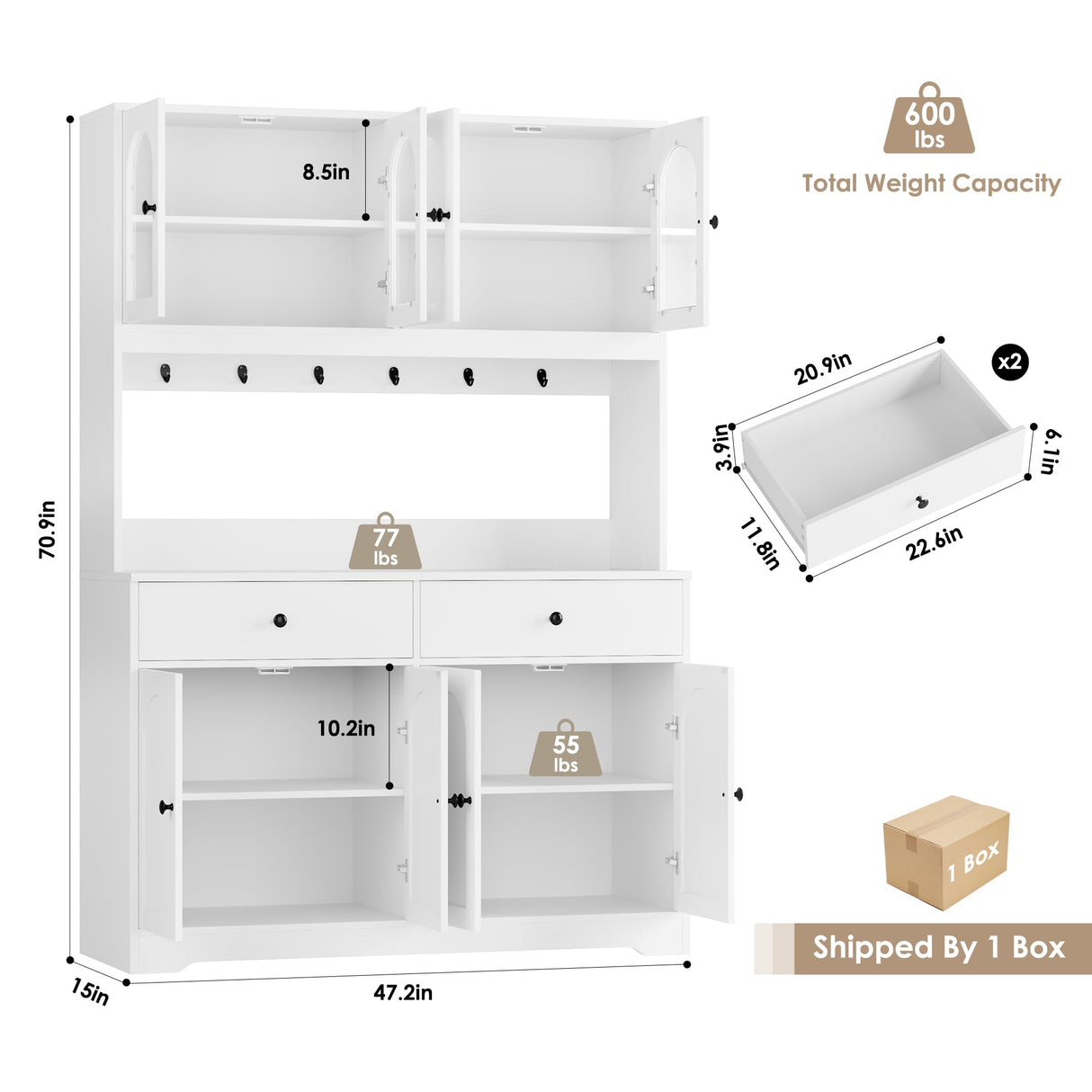 HIFIT 71" LED Kitchen Pantry Cabinet with Power Outlet, Large Kitchen Hutch Storage Cabinet with Arched Door & Shelves & 2 Drawers, Tall Modern Coffee Bar with Hutch for Home Dining Living Room, White HIFIT