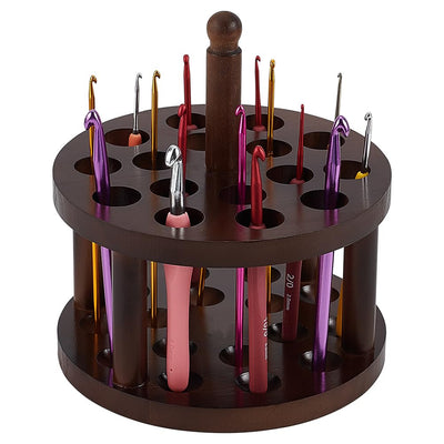 FINGERINSPIRE Wooden Crochet Hooks Holder 7.2x7.75inch Crochet Hooks Crafts Organizer With 16 Holes Coconut Brown Pine Wood Knitting Cases Sewing Supplies Storage for Knitting