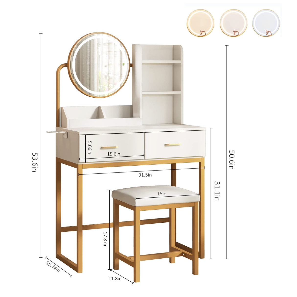 Makeup Vanity Desk with Round Mirror and Lights, White Vanity Makeup Table, Small Vanity Table for Bedroom with Lots Storage, 3 Lighting Modes, Vabches