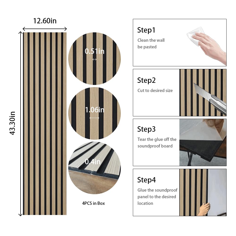 ARTSLAT Acoustic Peel & Stick Wall Panels 4 Pack - Soundproof 3D Wood Slat Paneling for Walls/Ceilings (43"x12.6") Self-Adhesive Interior Decor, Oak ARTSLAT