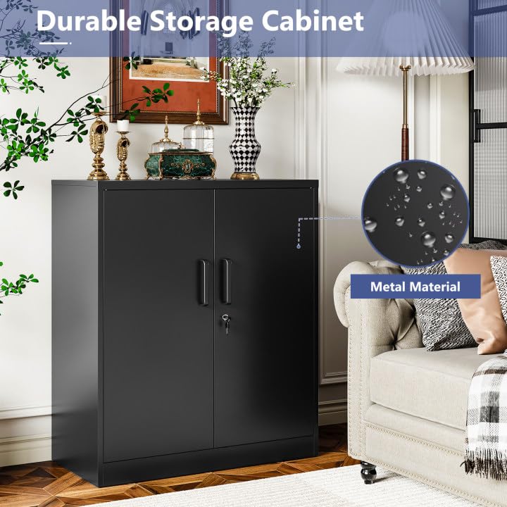 LISSIMO Metal Storage Cabinet,Locker Storage Cabinet with Doors and Adjustable Shelves,Steel Cabinet for Garage,Home,Office and School Assembly Required(Black) LISSIMO