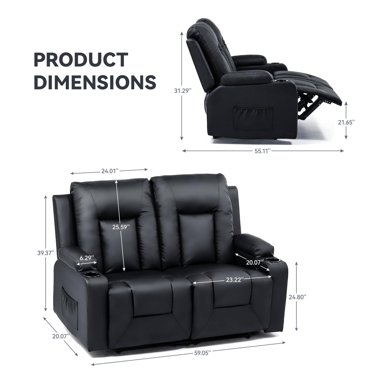 COMHOMA Living Room Furniture Set,Bonded Leather Loveseat Sofa with Cup Holder Recliner Chair,Black COMHOMA