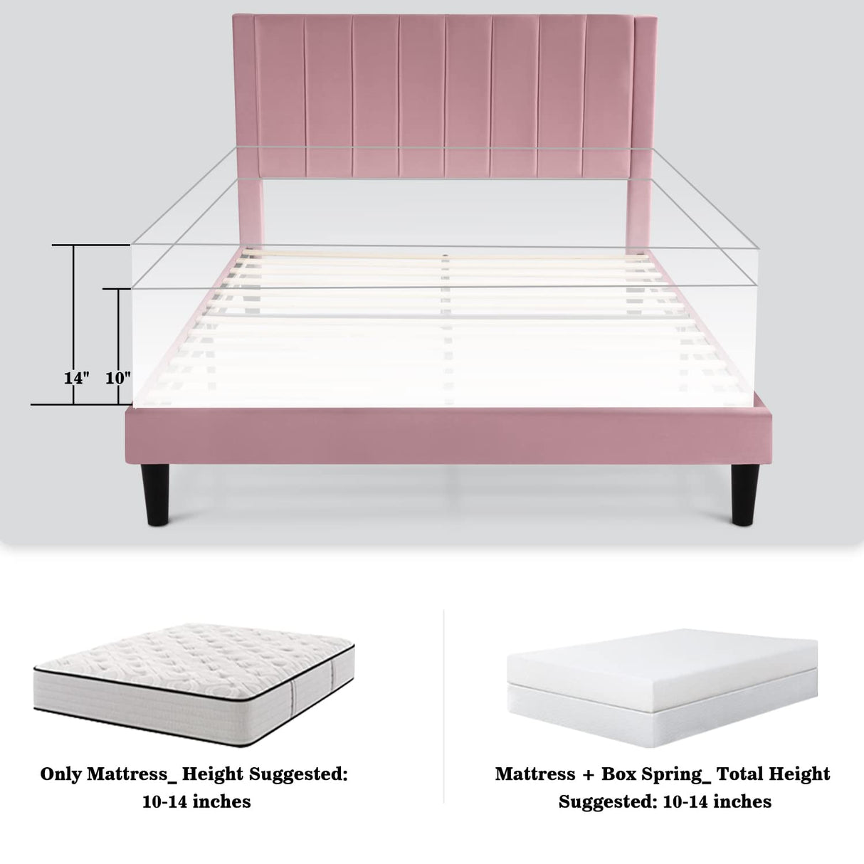 Allewie Queen Platform Bed Frame/Velvet Upholstered Bed Frame with Vertical Channel Tufted Headboard/Strong Wooden Slats/Mattress Foundation/Box Spring Optional/Easy Assembly/Pink Allewie