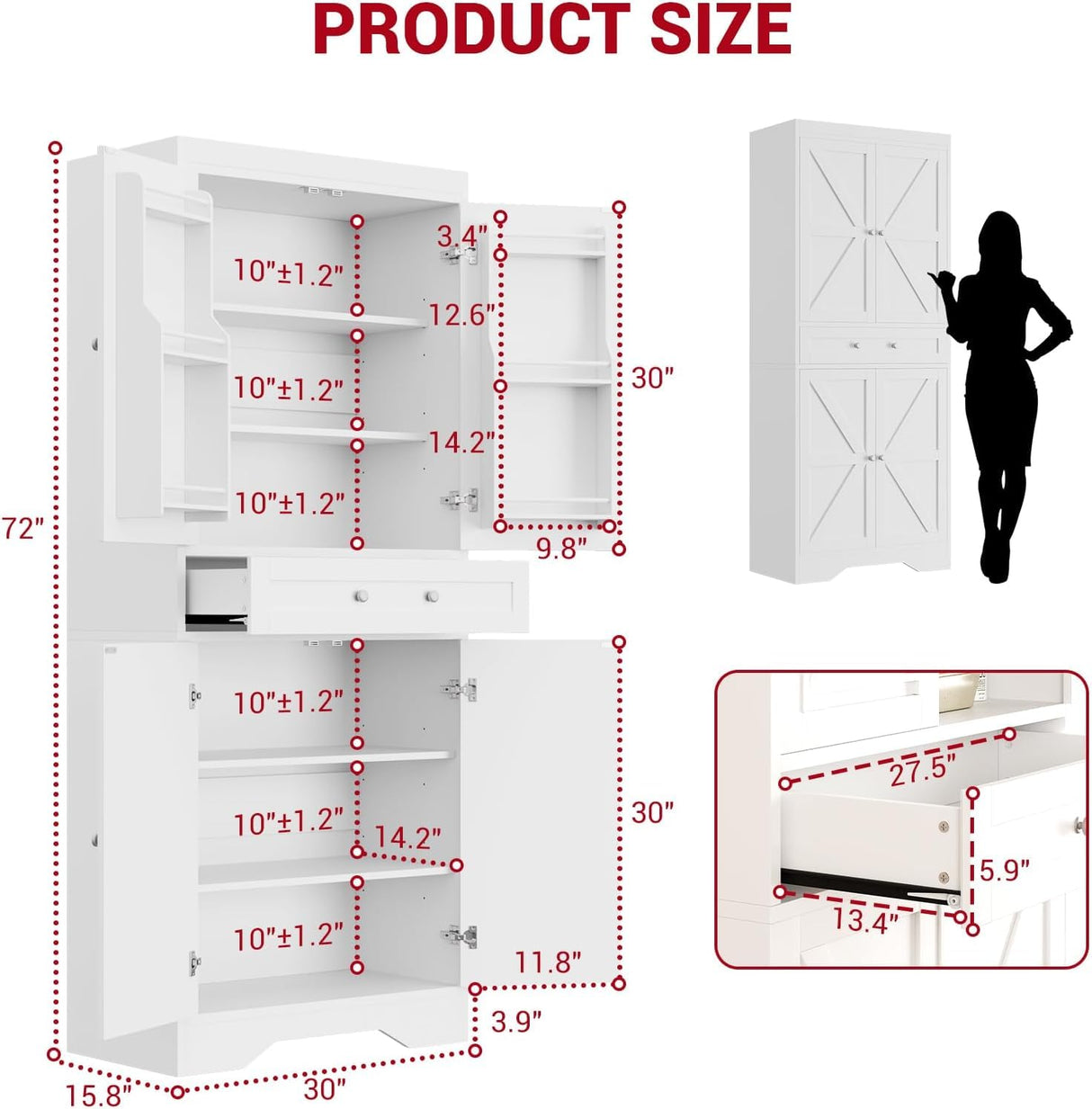 72" Tall Kitchen Pantry Storage Cabinet with Barn Doors Shelves & Drawer, Wood Farmhouse Pantry Cabinet with 4 Adjustable Shelves, Freestanding Cupboard for Dining Room Living Room, Laundry- White ChicHabitat
