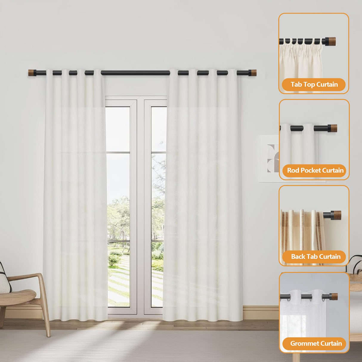 Wood Curtain Rods for Windows 48 to 84 Inches(4-7ft),1 inch Adjustable Window Curtain Rods with Imitation Wood Grain Finials,Heavy Duty Decorative Drapery Rod for Bedroom,Kitchen and patio QITERI