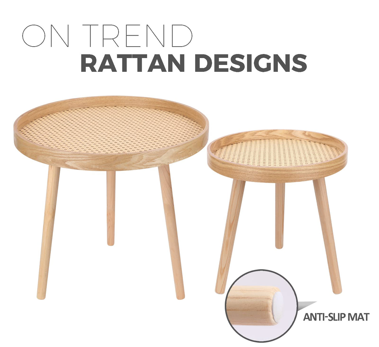 Round Coffee Table Set of 2, Natural Boho Coffee Table, Small Mid Century Modern Rattan Coffee Table, Boho Side Table End Tables for Living Room Bedroom Office Balcony ZYBT