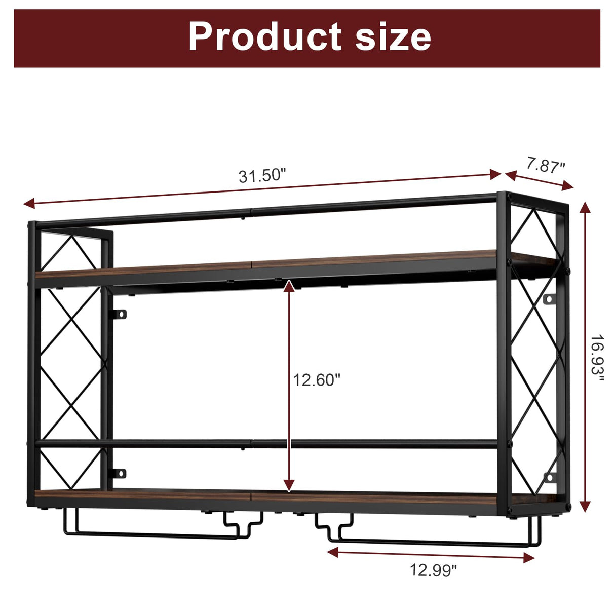 NEYCIL Wall Mounted 2 Tier Wine Rack with Glass Holder, Double Layer Anti-Drop Crossbar, 31.5" Metal Wood Wall Mount Wine Rack for Home Kitchen Dining Room Coffee Shop Bar, Black NEYCIL