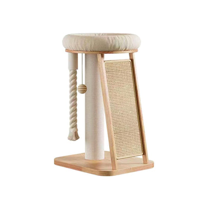 SHENGOCASE Modern Natural Wood Cute Multifunctional Cat Tree Tower Small, Large Sisal Scratching Post, Tilted Angled Ramp Scratcher, Climbing Rope Toy and Cuddle Bed