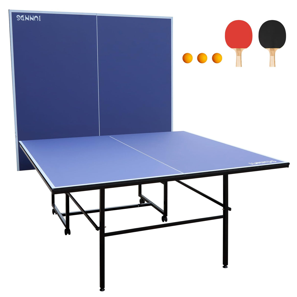 HaoKang Folding Rolling Table Tennis Table Regulation Ping Pong Table with 2 Paddles 2 Balls 1 Net and Post Set Fold-Up Design 4 Wheels for Easy Movement, BLUE HaoKang