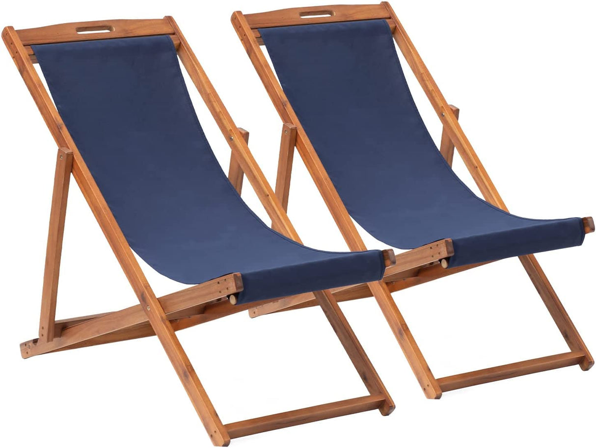Patio Lounge Chair Outdoor Beach Chair Set of 2, Beach Sling Chair Patio Chairs Set of 2 , Wooden Folding Outdoor Chairs for Outside, 3 Level Height Adjustable, Portable Reclining Beach Chair Capacmkseh