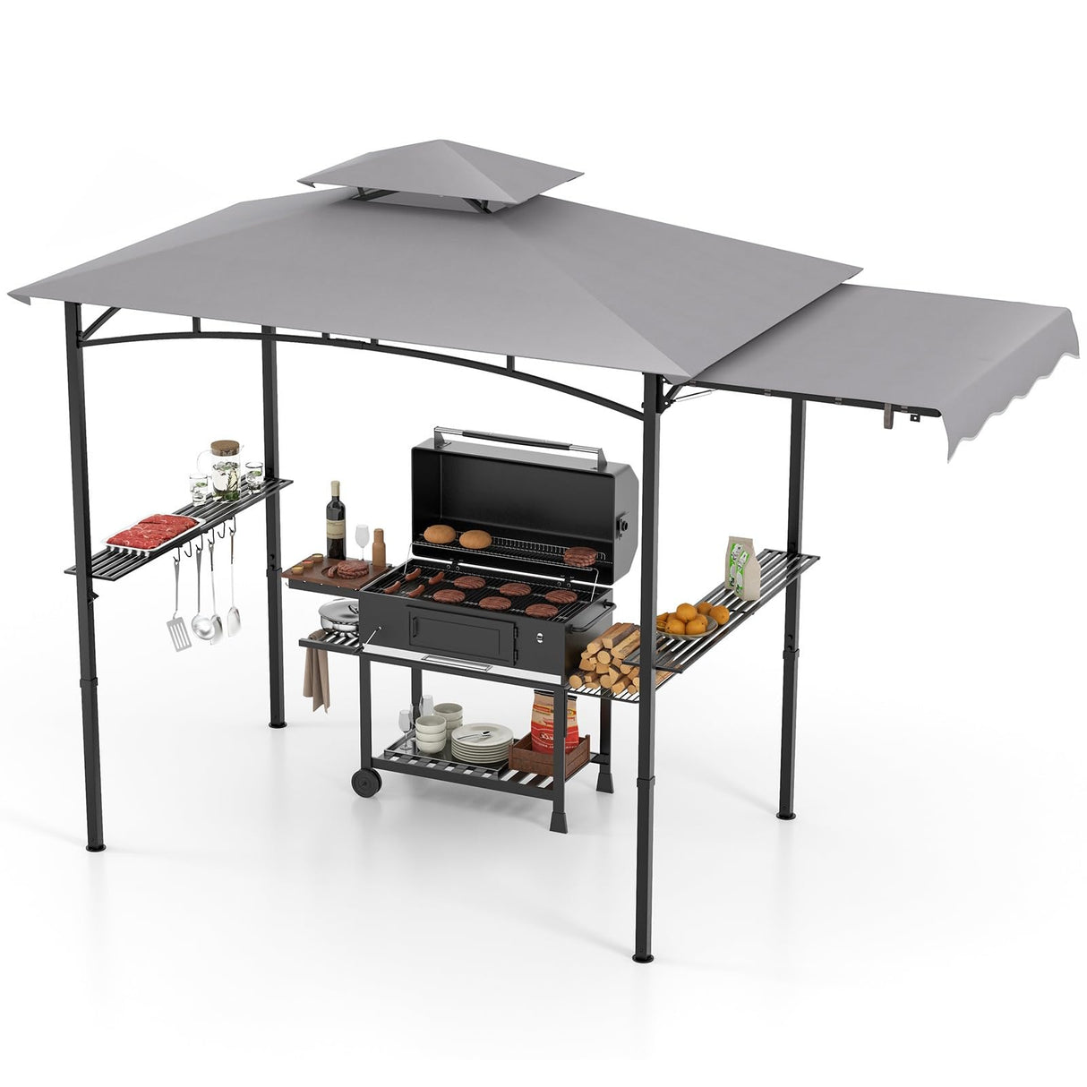 CLEEMAN Grill Gazebo,10.5 x 5 FT Grill Canopy, Double-Tiered Top, 2 Side Shelves, Extended Side Awnings &12 Hanging Hooks, BBQ Metal Gazebo, Grill Tent, Outdoor Gazebo for Patio Backyard Garden CLEEMAN