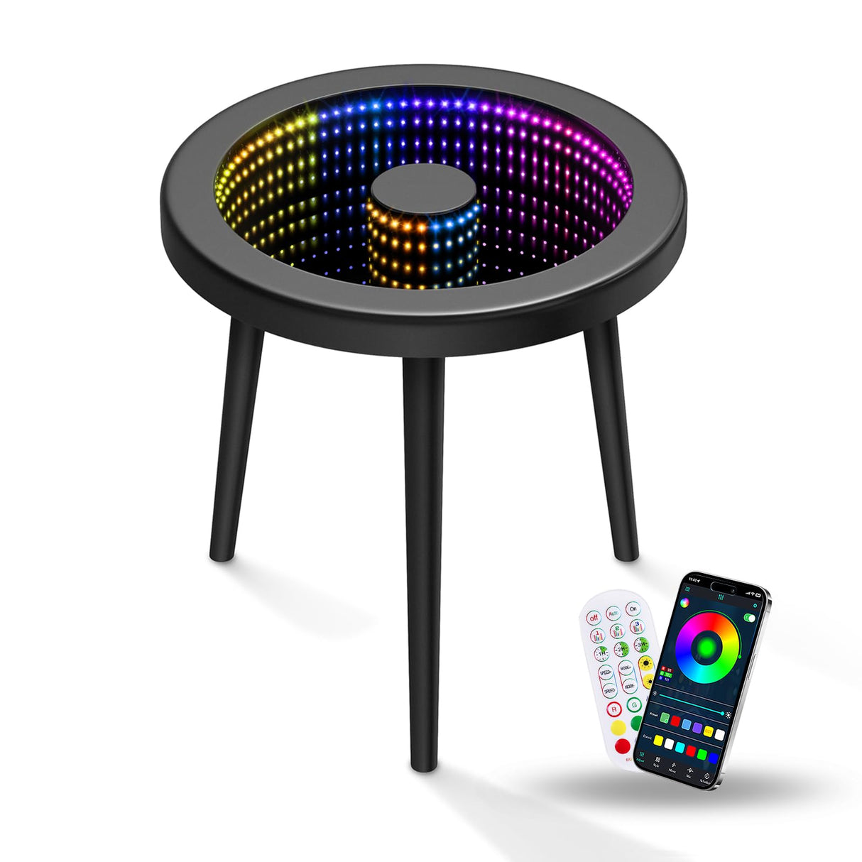 RATTENMO Small Circle Coffee Table -19.7 * 19.7 * 19.5In Nightstand Modern Center Table for Living Room,Tempered Glass Surface with RGB LED Lighting, Smart Control, Office and Bedroom - Black RATTENMO