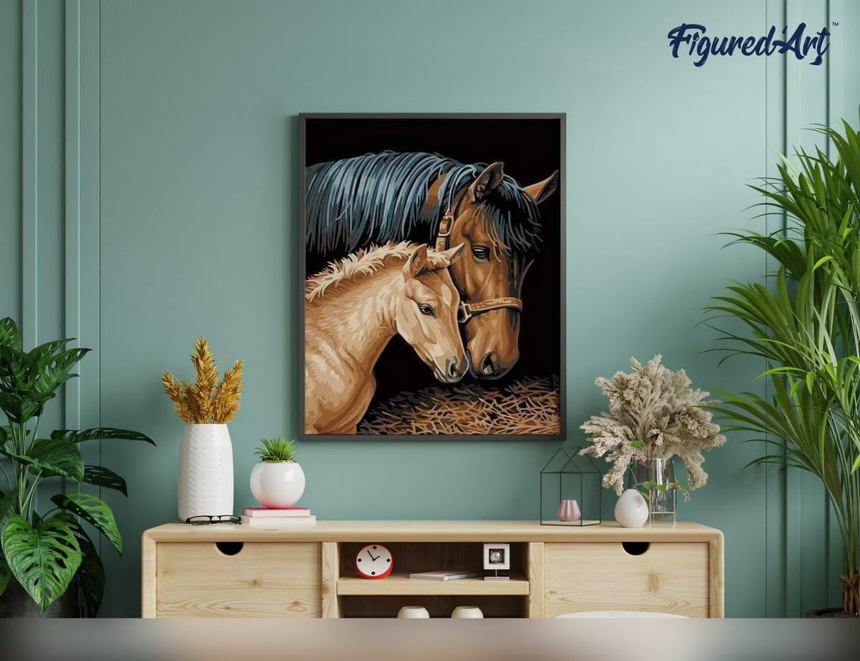 Figured'Art Paint by Numbers Kit for Adults Horse and Foal 16"x20" - Craft Art Painting Rolled Canvas with DIY Wooden Frame Figured'Art