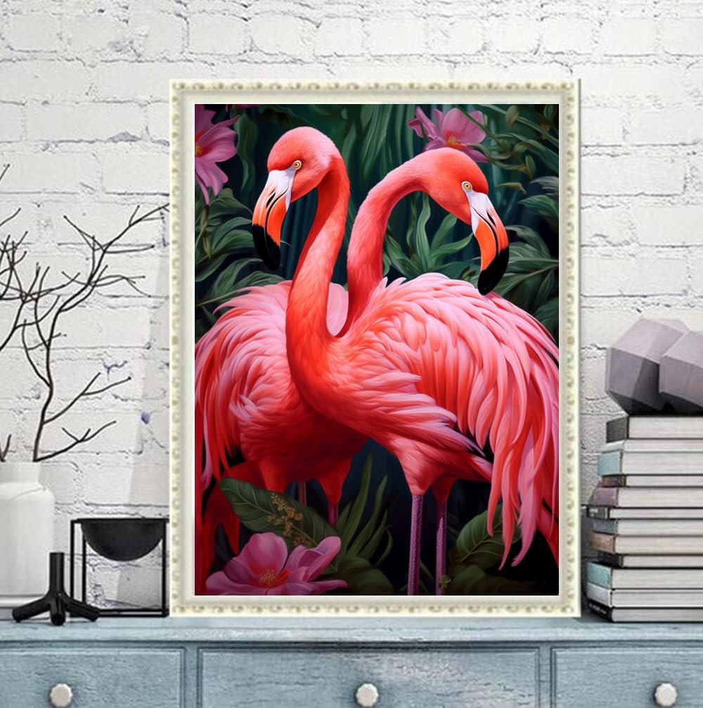 pigpigboss Flamingo Diamond Painting Art Kits, 5D Full Round Drill Flower Flamingo Diamond Dots Arts Crafts for Adult Beginner Home Office Wall Decor (11.8 x 15.7 inches) pigpigboss