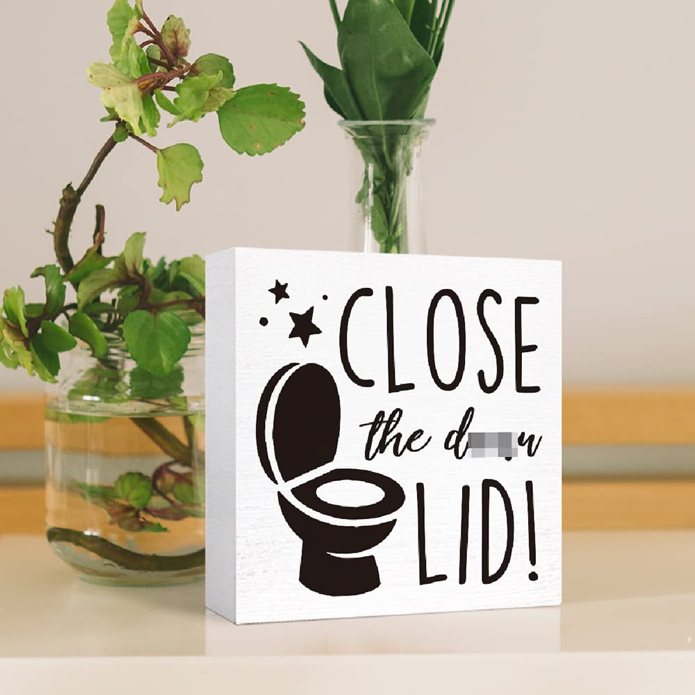 Funny Bathroom Wood Sign Close the Damn Lid Wood Block Sign for Bathroom Shelf Toilet Restroom Home Tabletop Desk Decor,Farmhouse Bathroom Wooden Box Sign SJNH