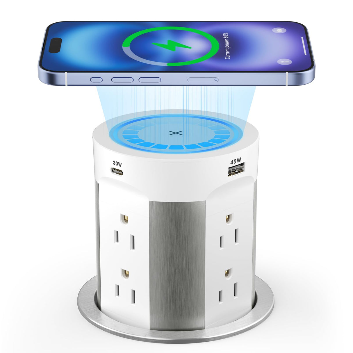 Kungfuking Pop Up Outlet for Countertop Kitchen, 15W Wireless Charger, 75W USB C Counter Top Electrical Power, 8 Outlets & 4 USB Ports, 4"Hole Recessed Popup Outlet for Island Conference Table Office Kungfuking